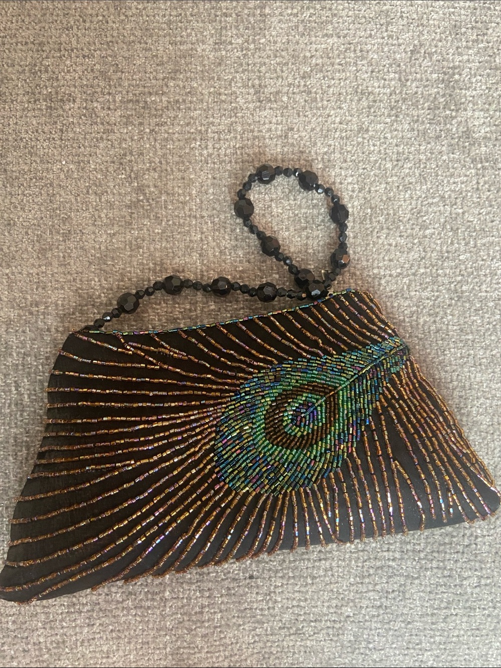 Beaded Peacock Feather Evening Clutch - Black